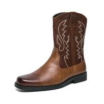 Winter Spring Classic High Cut Embroidered Retro Western Cowboy Boots Men Mid-Calf Boots Outdoor Leather Boots Large Size 38-45 38