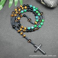 Tiger's Eye Turquoise Rosary Necklace – Black Onyx Cross Pendant, Grounding Protection Gift for Men juoda