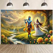 2D Radha Krishna Playing Flute Backdrop for Janmashtami Birthday Worship Party Photoshoot 47.2x31.5inch/120*80cm
