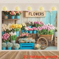2D Wooden Cart Fresh Bloom Background for Bridal Shower & Garden Party Decoration 47.2x31.5inch/120*80cm