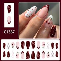 Sweet French Tip Press On Nails Medium Almond Shape Glossy Burgundy White Polka Dot Bow Cherry Design 24pcs