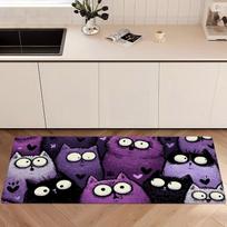 Cute Purple Fat Cat Kitchen Runner Rug,Cartoon Kitten Heart Paw Print Non-Slip Absorbent Floor Mat for Entryway Bathroom Hallway 40x120CM
