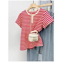 Women Red White Striped Short Sleeve Henley Neck T-Shirt M raudona