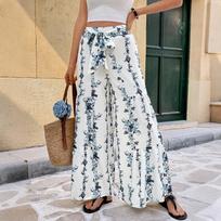 Women High Waist Floral Print Tiered Wide Leg Pants With Tie Waist S balta