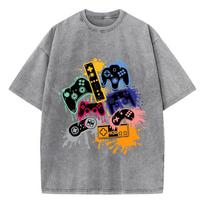 Game Console Graffiti Printing Washed T-Shirt Cotton T Shirts O-Neck Comfortable Distressed Tops Summer Mans Clothes S įvairiaspalvis