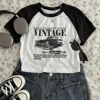 Vintage Car Sexy Cropped T Shirt Print Crop Top Short Sleeve Crew Neck T-shirt for Women Casual Spring Summer Clothing L
