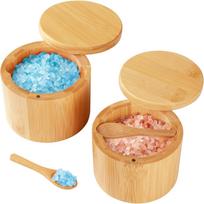 Bamboo Salt Cellar,2 PCS Salt Container with Built-in Spoon,Salt Box Bowl with Magnetic Swivel Lid,Elegant Kitchen Salt Holder Saver Jar to Storage 2-Pack