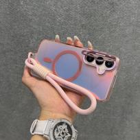 Dazzle Laser Wrist Strap Lanyard For Magsafe Case For Samsung S25 S24 S26 Ultra S23 S22 Plus Magnetic Lens Fold Bracket Cover Galaxy S24 Ultra rožinė