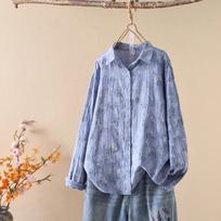 Women Floral Print Long Sleeve Button-Up Shirt (Multicolor) S mėlyna