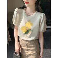 Women Beige Floral Print Puff Short Sleeve Crew Neck T-Shirt S geltona