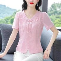 Women Pink Ruffle Collar Short Sleeve Blouse With Traditional Knot Buttons M rožinė