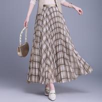 Bailuyu High-end 2026 Summer Retro Plaid Pleated A-line Long Skirt L