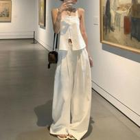 Retro style fake two-piece design vest top wide-leg pants set women's summer temperament old money top thin pants S