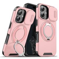 Tinka iPhone 16 15 14 Plus 13 12 Pro Max 16E 360 laipsnių besisukantis magnetinis laikiklis su kameros apsauga telefono dėklas iPhone 16e rožinė
