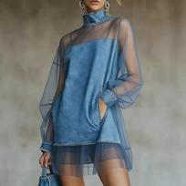 Džinsinė mini suknelė moterims Madinga su aukštu kaklu Tule Derinys Ilgomis rankovėmis Perregimos vakarėlio suknelės Moteriškos Kasdienės stilingos Vestidos S mėlyna