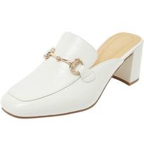 COMELY Women's Lambskin Square Toe Chunky Heel Loafer Mules 36