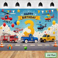 2D 3rd Birthday Emergency Vehicle Backdrop Banner 47.2x31.5inch/120*80cm