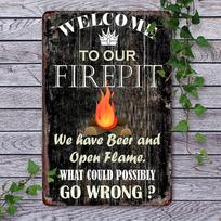 Vintage Welcome To Our Fire Pit Metal Tin Sign  Rustic Camping Decor with  Open Flame Design   Perfect for Patio Garden 20*30cm