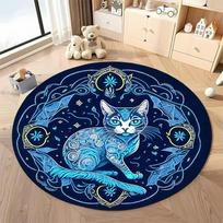 3D Celestial Blue Cat Round Rug Mystical Boho Starry Sky Non-Slip Area carpet for Bedroom Living Room Home Decor mat Diameter -60cm