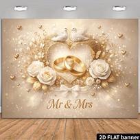 2D Champagne Gold Mr & Mrs Wedding Ring White Rose Dove Tapestry Wedding Photo Background Cloth 47.2x31.5inch/120*80cm