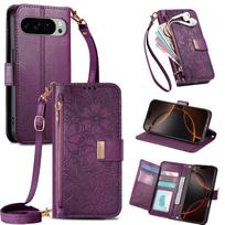 Crossbody Wrist Strap Leather Flip Wallet Card Holder Phone Case for Google Pixel 9 10 Pro XL10A 9A Protection Shockproof Cover Google Pixel 9 ProXL violetinė