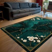 Elegant Emerald Marble Rug with Gold Cracks and White Floral Lux Botanical Carpet Design Sophisticated Living Room Decoration 40x60cm