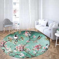 Flower and Bird Illustration Round Rug Pink Peach Blossom Carpet for Living Room Bedroom Floral Chair Rugs Non-slip Floor Mat 60cm x 60cm