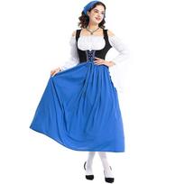 Adult Medieval Farm Maid Munich Oktoberfest Long Dress Parent-Child Performance Costume S mėlyna