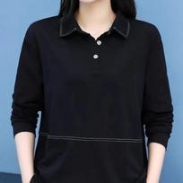 Women Black Contrast Stitch Long Sleeve Polo Shirt L juoda