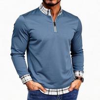 Men Half Zip Mock Neck Long Sleeve Shirt With Plaid Trim S tamsiai mėlyna spalva
