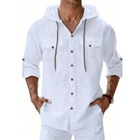 Men Linen-Like Hooded Button-Up Shirt With Roll-Up Sleeves M balta
