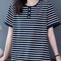 Women Yellow and White Striped Henley Neck Mid-Length T-Shirt L mėlyna
