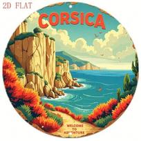 Vintage Corsica Landscape Metal Sign, Azure Sea Flowers Wall Art for Living Room, Round Tin Poster