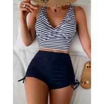 Seksualus Raišteliu Šonuose Aukšto Liemens Bikini Komplektas Moterims Juodas Dryžuotas Push-Up 2 Dalių Maudymosi Kostiumas Vasaros Atostogų Maudymosi Kostiumas XS tamsiai mėlyna