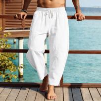 Men White Linen Blend Elastic Waist Loose Harem Pants S balta