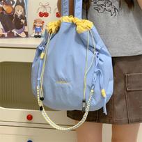 Summer new tote bag slack drawstring letter embroidery bundle mouth bag ice cream color dopamine shoulder bag women single bag mėlyna