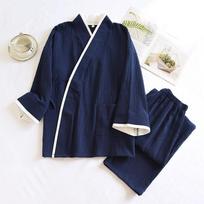 Spring and Autumn Thin Men's Kimono Robes with Long Trousres Cotton Color Matching Pajamas Plus Size Home Pyjamas Set M mėlyna