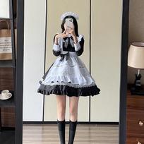 Britiškas ilgomahovės tarnaitės cosplay kostiumas - Japoniško stiliaus uniforminis suknelė, galimi dideli dydžiai. S white