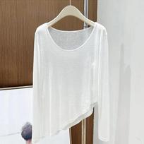 Women White Asymmetric Hem Long Sleeve U-Neck Sheer T-Shirt S balta