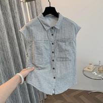 Women Light Gray Linen-Like Sleeveless Button-Up Shirt With Chest Pockets S šviesiai pilka spalva