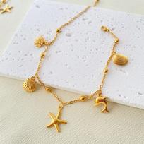 304 Stainless Steel Link Cable Chain Anklet Gold Color Marine Animal Dolphin Starfish For Women Beach 21cm(8 2/8 ) Long, 1 Piece