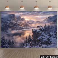 2D Snow Mountain Fog Lake Sunrise Backdrop for Winter Outdoor Portrait & Ski Party Photoshoot 47.2x31.5inch/120*80cm