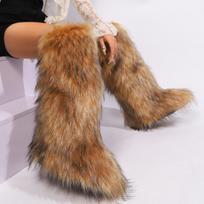 Women Faux Fur Snow Boots Winter Warm Plush Long Boots Outdoor Knee-high Boot Designer Luxury Women Faux Fox Furry Non-Slip Shoe 36 chaki
