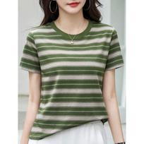 Women Green and Beige Striped Short Sleeve T-Shirt S žalia