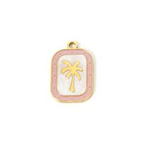 304 Stainless Steel Flora Charms 18K Gold Plated Rectangle Coconut Palm Tree Enamel Pendant DIY Necklace 20mm x 13mm, 2 Pcs rožinė