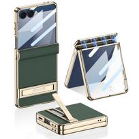 For Samsung Galaxy Z Flip 7 6 5 Phantom Plain Leather Magnetic Band Holder Drop and Anti Fingerprint Phone Case For Galaxy Z Flip 5 žalia