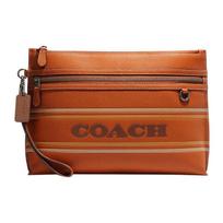 Coach Carry Pouch 29 Embossed Logo Zipper Closure Striped Pebble Leather Storage Clutch Large Women Clutch Brown CH069-QBNP6 Basic Set (Bag+Dust Bag)