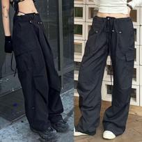 Women Loose Cargo Pants Hip Hop Sports Pants Drawstring Loose Wide Leg Casual Pants L juoda