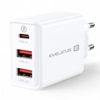Evelatus ETC06 Premium 32W Adaptuojamas 3 lizdas 5V-12V 2x USB / USB-C Kelioninis įkroviklis Balta