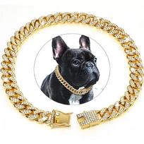 Dog Chain Collar Cuban Link Necklace with Rhinestones Adjustable Durable Metal Dog Collar for Small Medium Large Dogs One Size